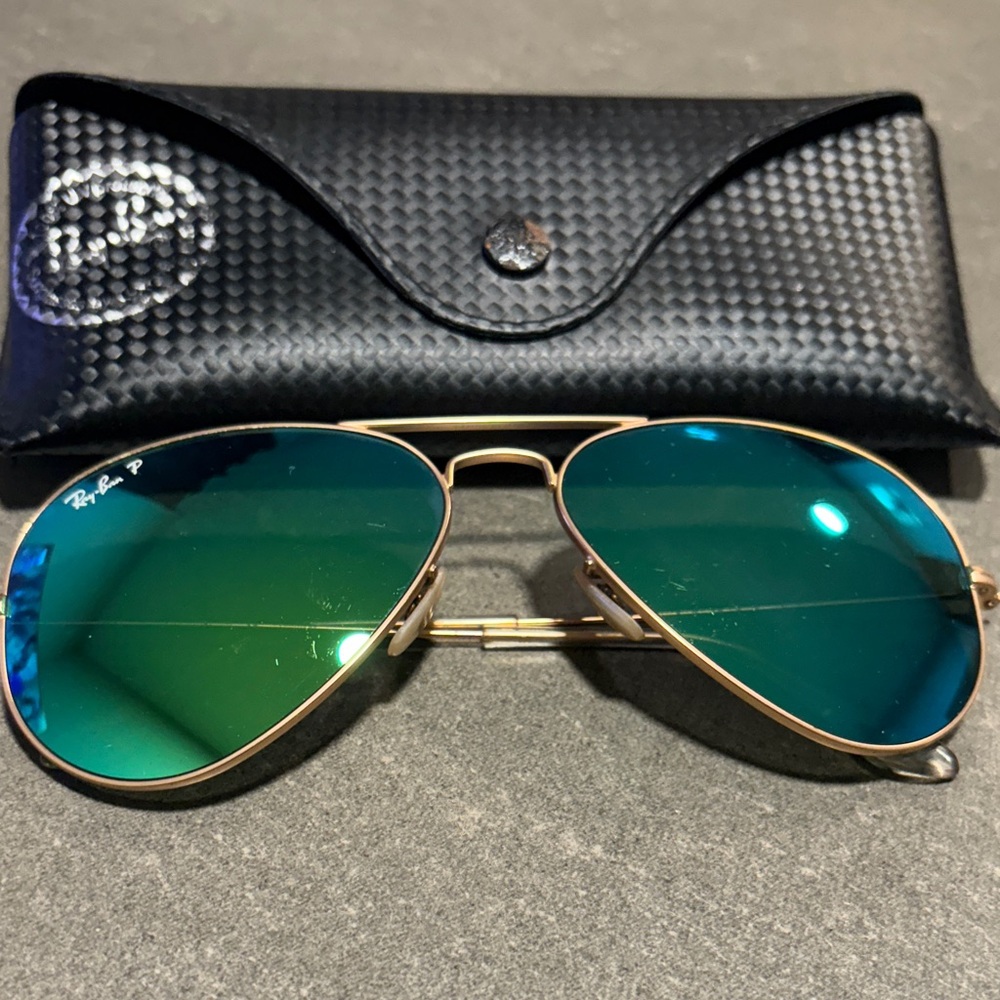 Ray-Ban Gold Frame Sunglasses with Blue-Green Lenses